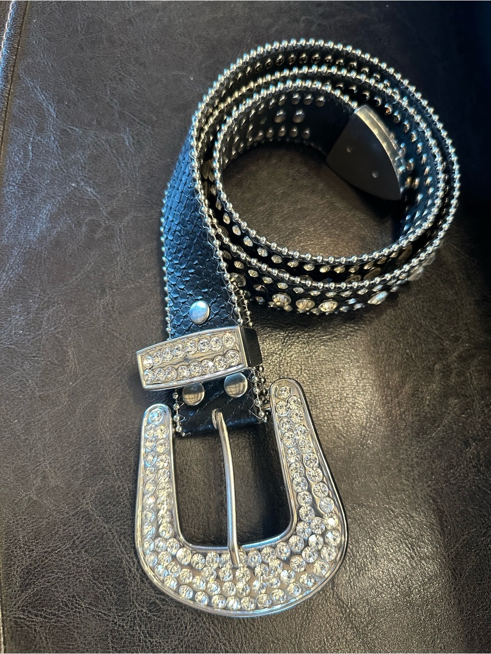 Y2K Bling Rhinestone Western Belt Black Faux Snakeskin Size S *Flawed*